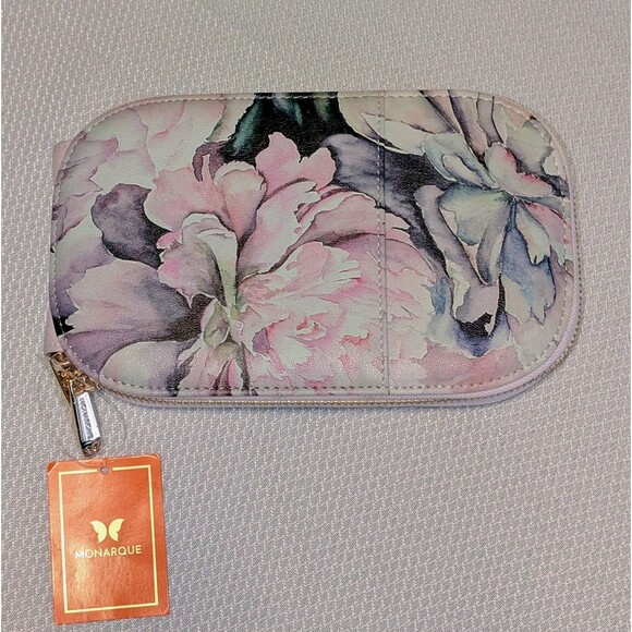 Monarque Pink Peonies Item #88007 Crossbody Wallet Purse NWT No Handle Strap - Picture 1 of 8